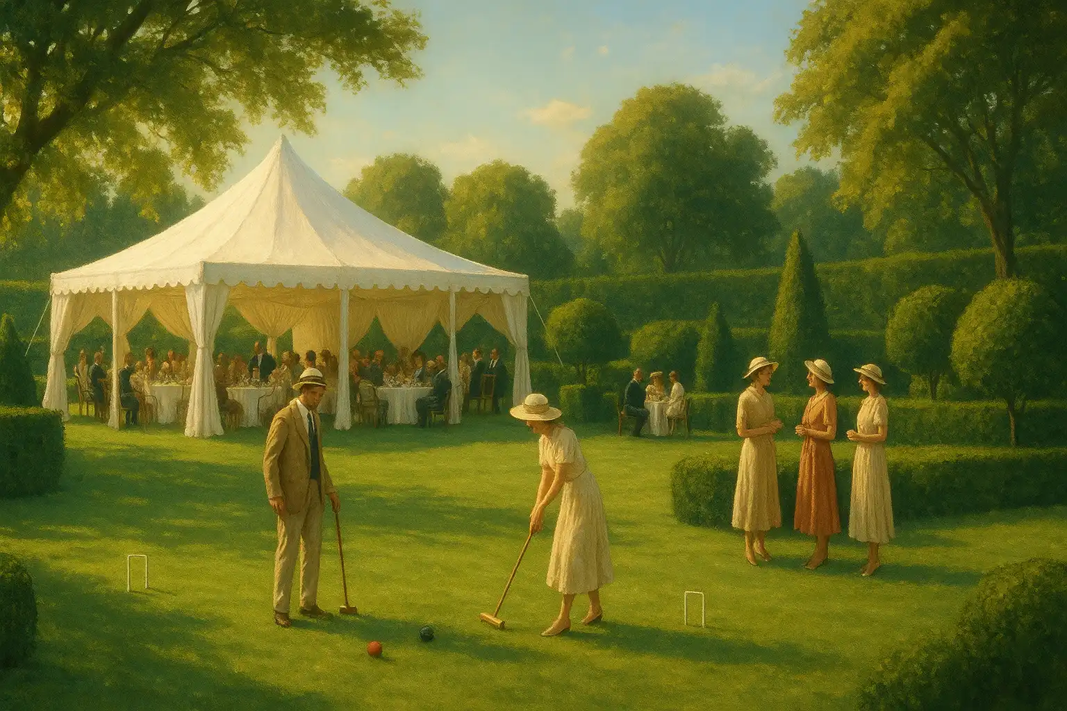 A sunlit garden party scene with a marquee, hedges and a croquet lawn representing the RaraWin brand
