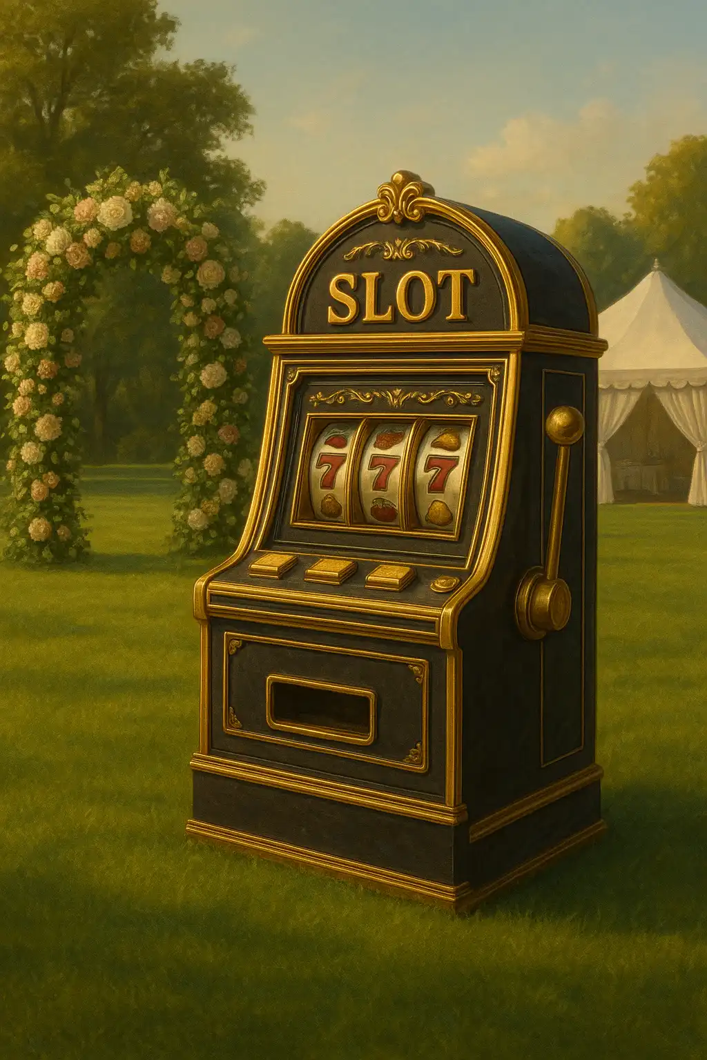 Illustration of an elegant garden party casino with slot machines under a marquee