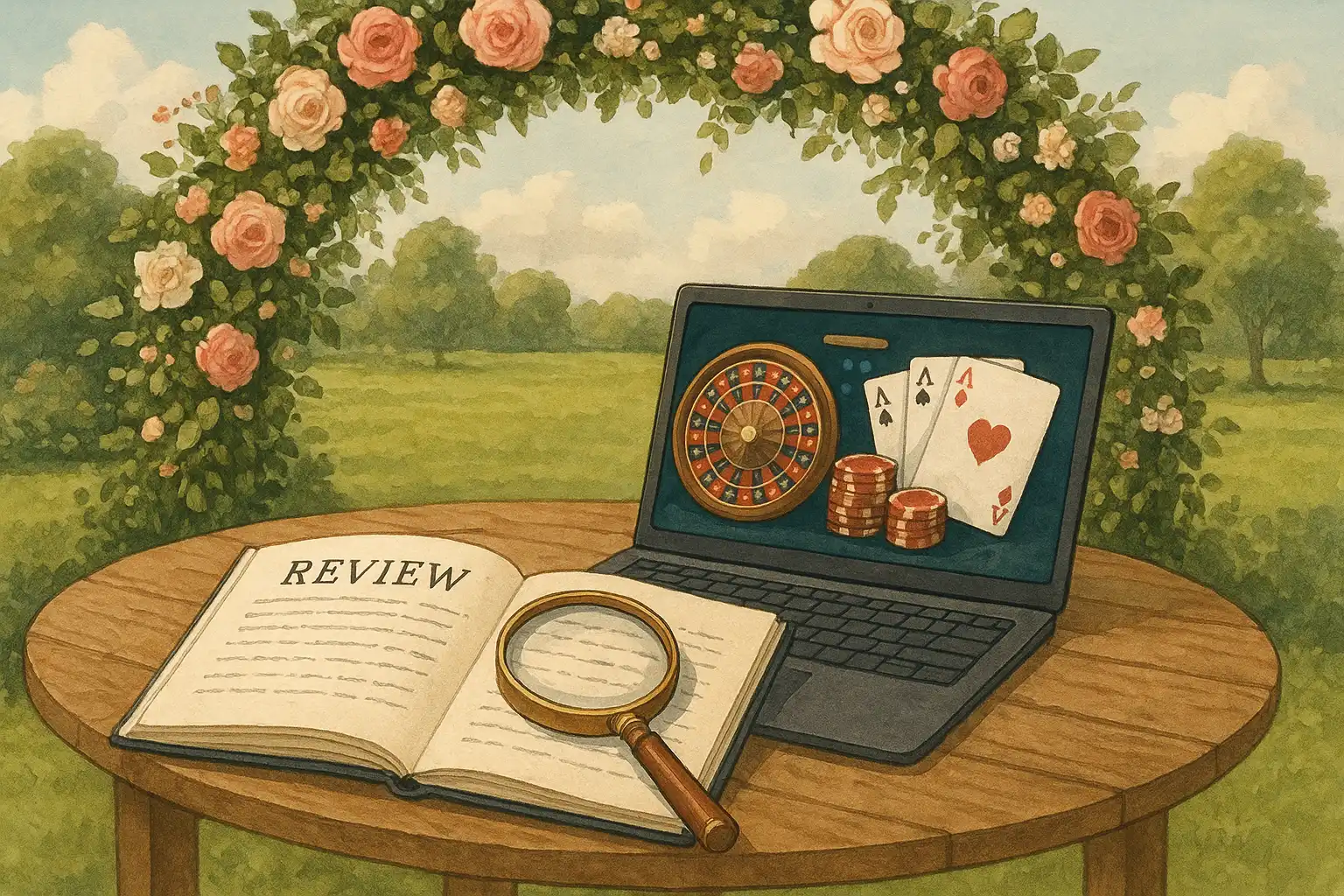 A reviewer's notebook and magnifying glass resting on a garden table beside a laptop showing casino games