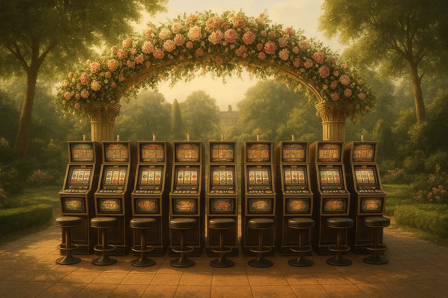 Rows of elegant slot machines arranged under a floral marquee in a British garden
