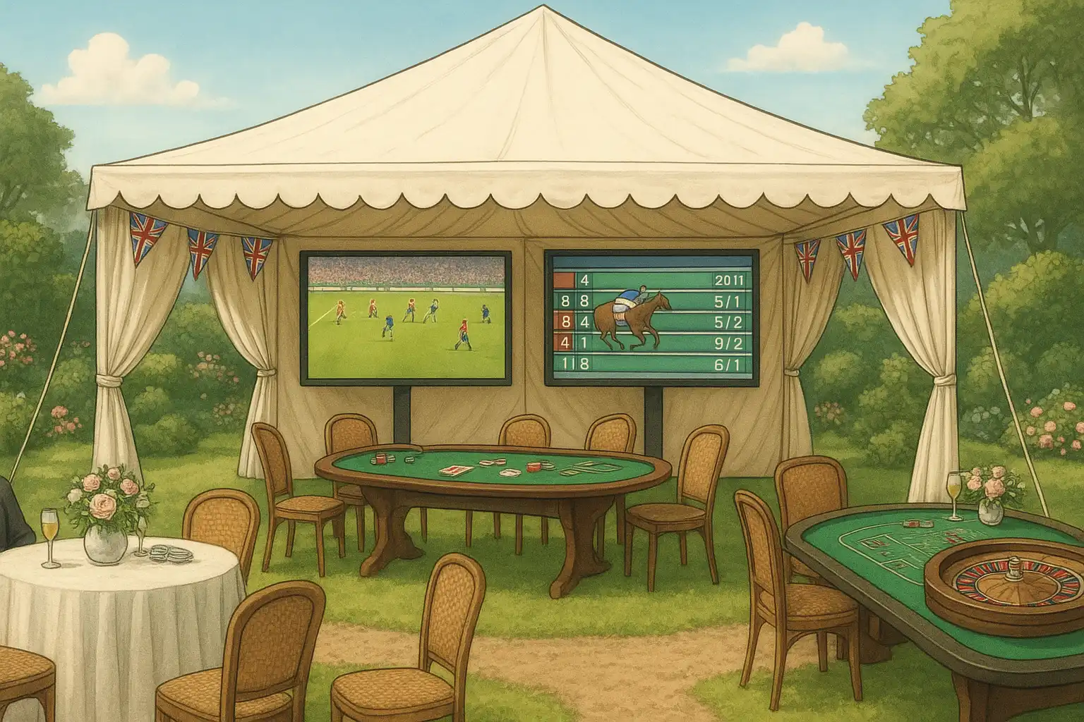 A garden marquee set up with screens showing live football and horse racing odds