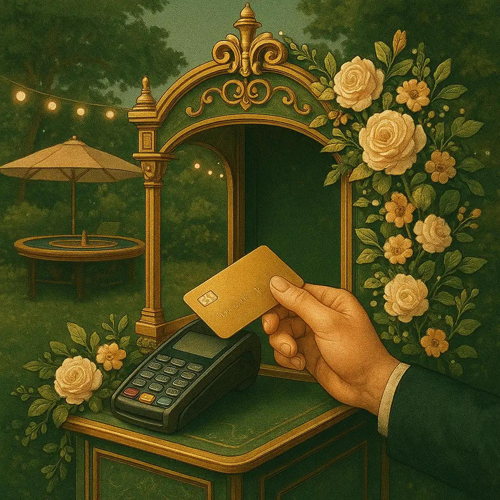 Illustration of a card payment being made at a garden party casino booth
