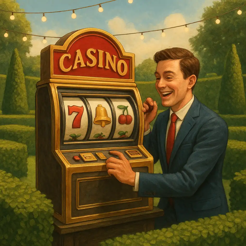 Illustration of a player spinning a slot machine reel surrounded by garden hedges