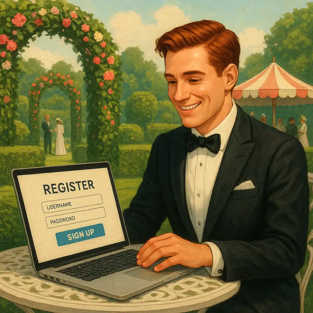 Illustration of a player registering an account on a laptop in a garden setting